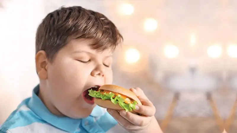 kilolu çocuk beslenmesi hamburger yiyen çocuk