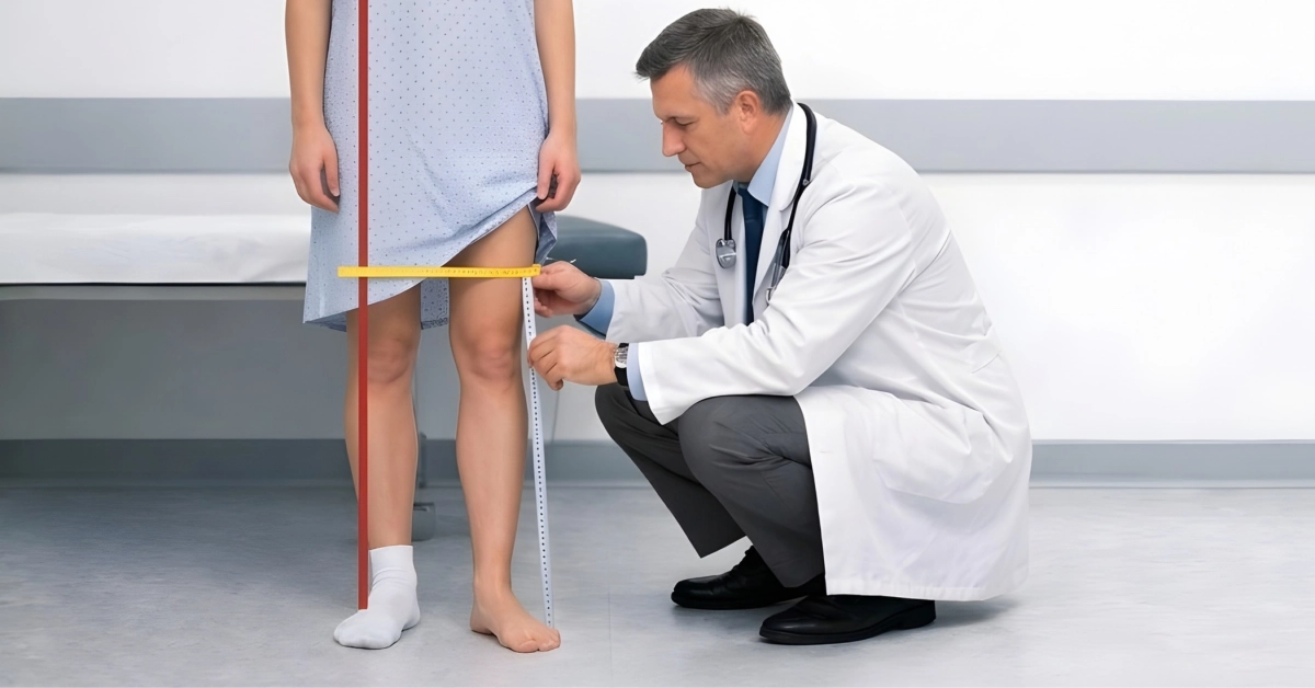 Doktorun bacak uzunluğu farkını ölçtüğü ortopedik muayene